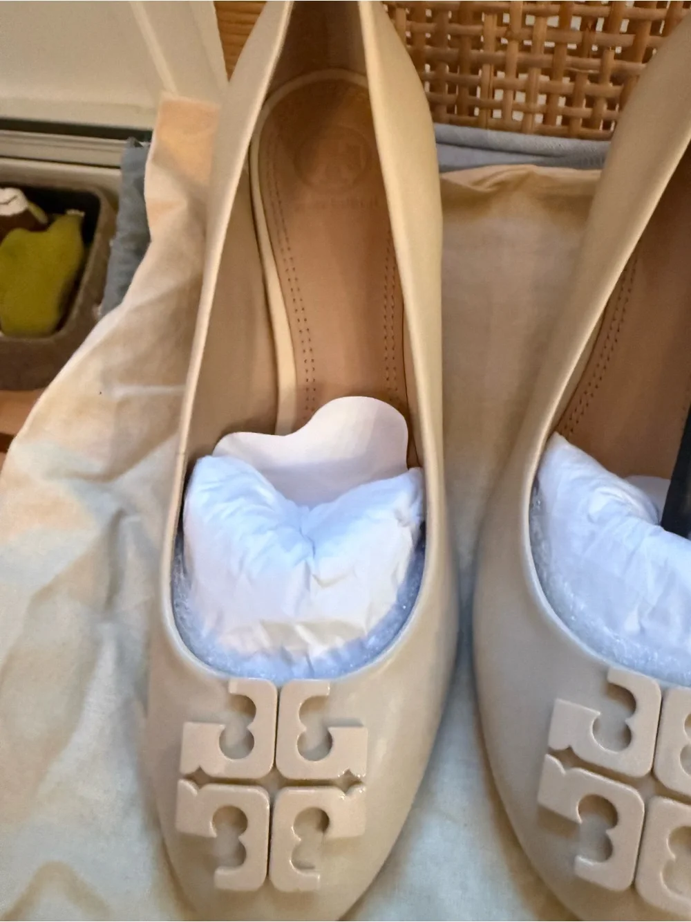 Tory Burch Cream Leather Wedge Pumps with Logo Plaque